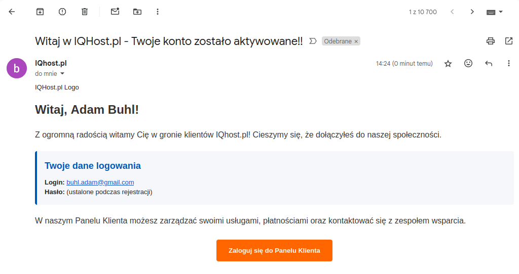 Przykładowy email z potwierdzeniem rejestracji konta