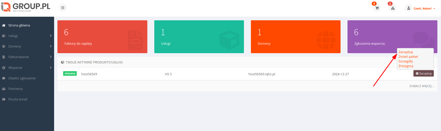 Przycisk "Zarządzaj" przy wybranej usłudze