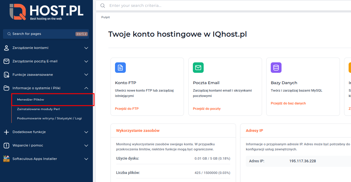 Interfejs Menedżera Plików w DirectAdmin - widok główny
