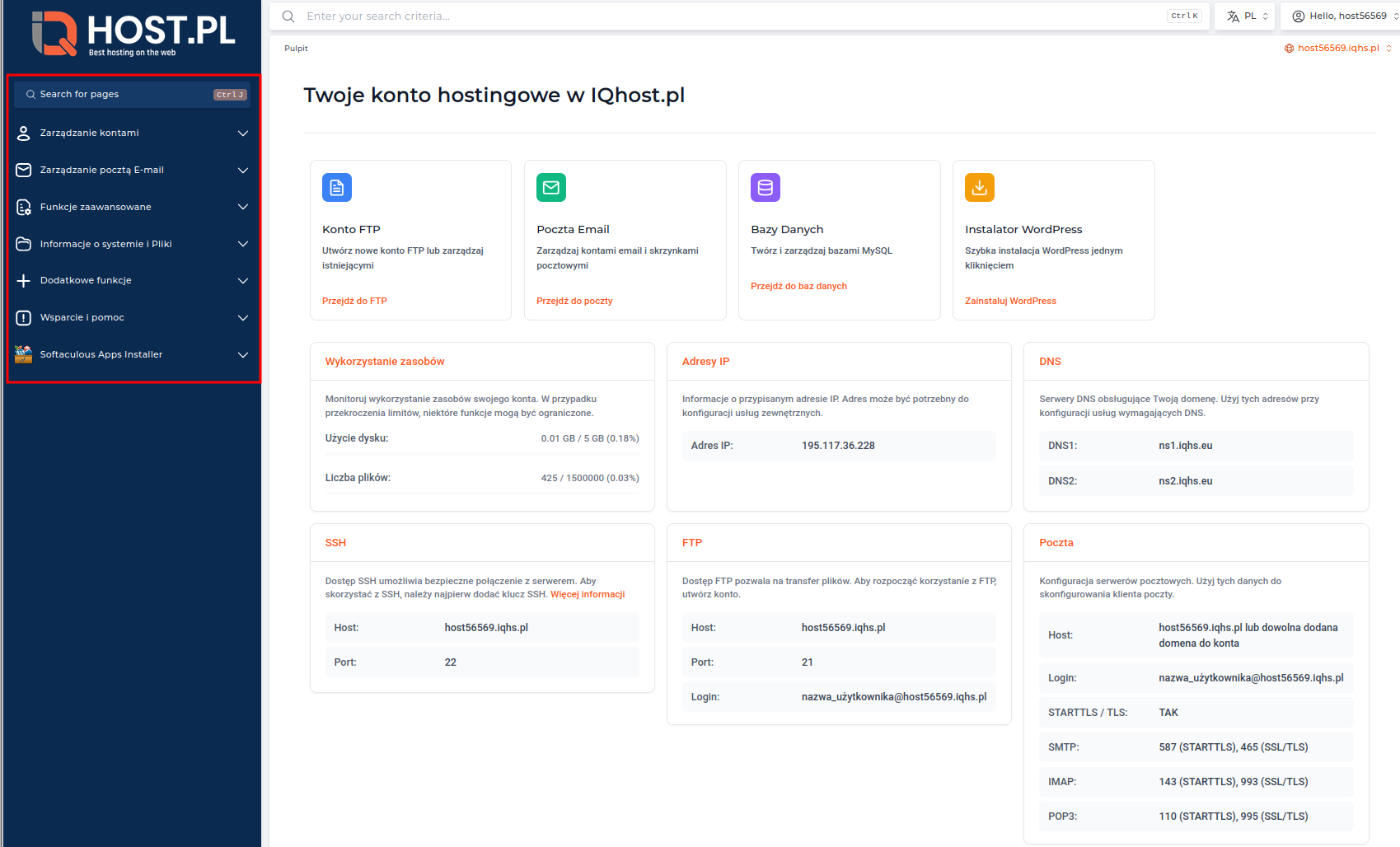 Widok głównych sekcji (kafelków) w panelu DirectAdmin