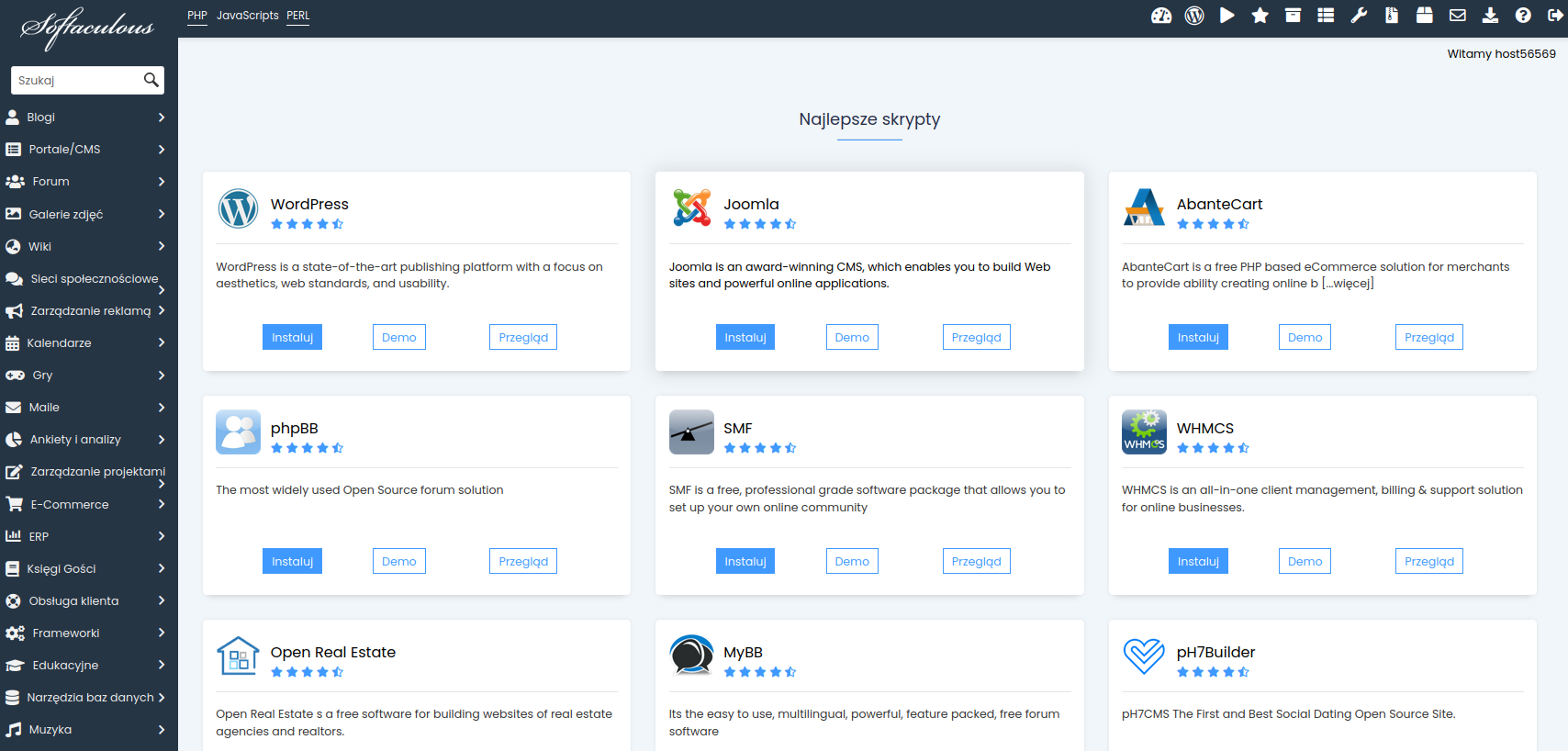 Interfejs Softaculous z widoczną listą aplikacji do instalacji