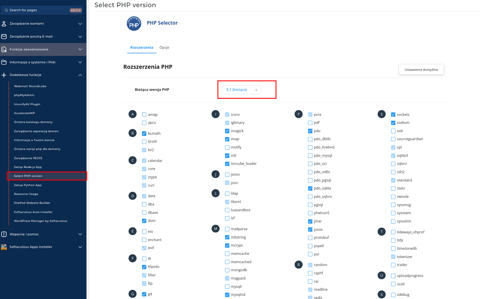 Ekran wyboru domyślnej wersji PHP dla całego konta