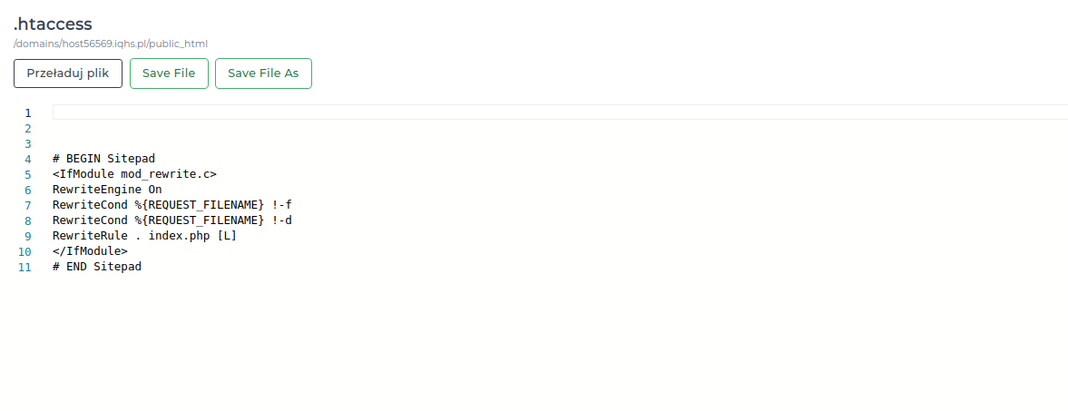 Edycja pliku w Menedżerze Plików DirectAdmin