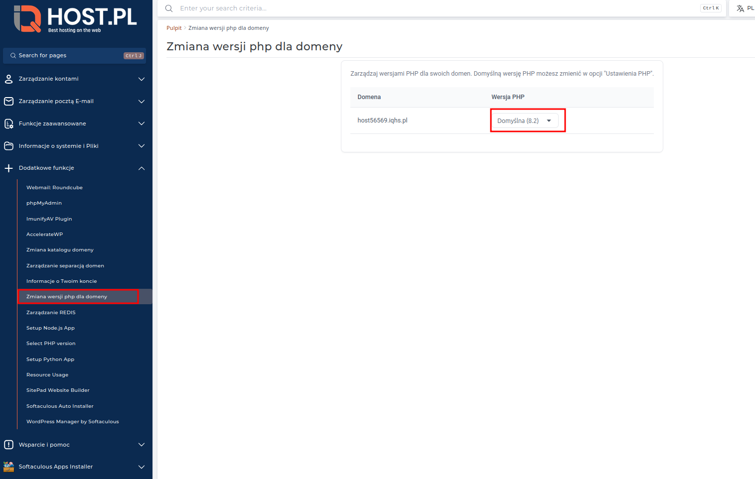 Zmiana wersji PHP dla domeny w DirectAdmin