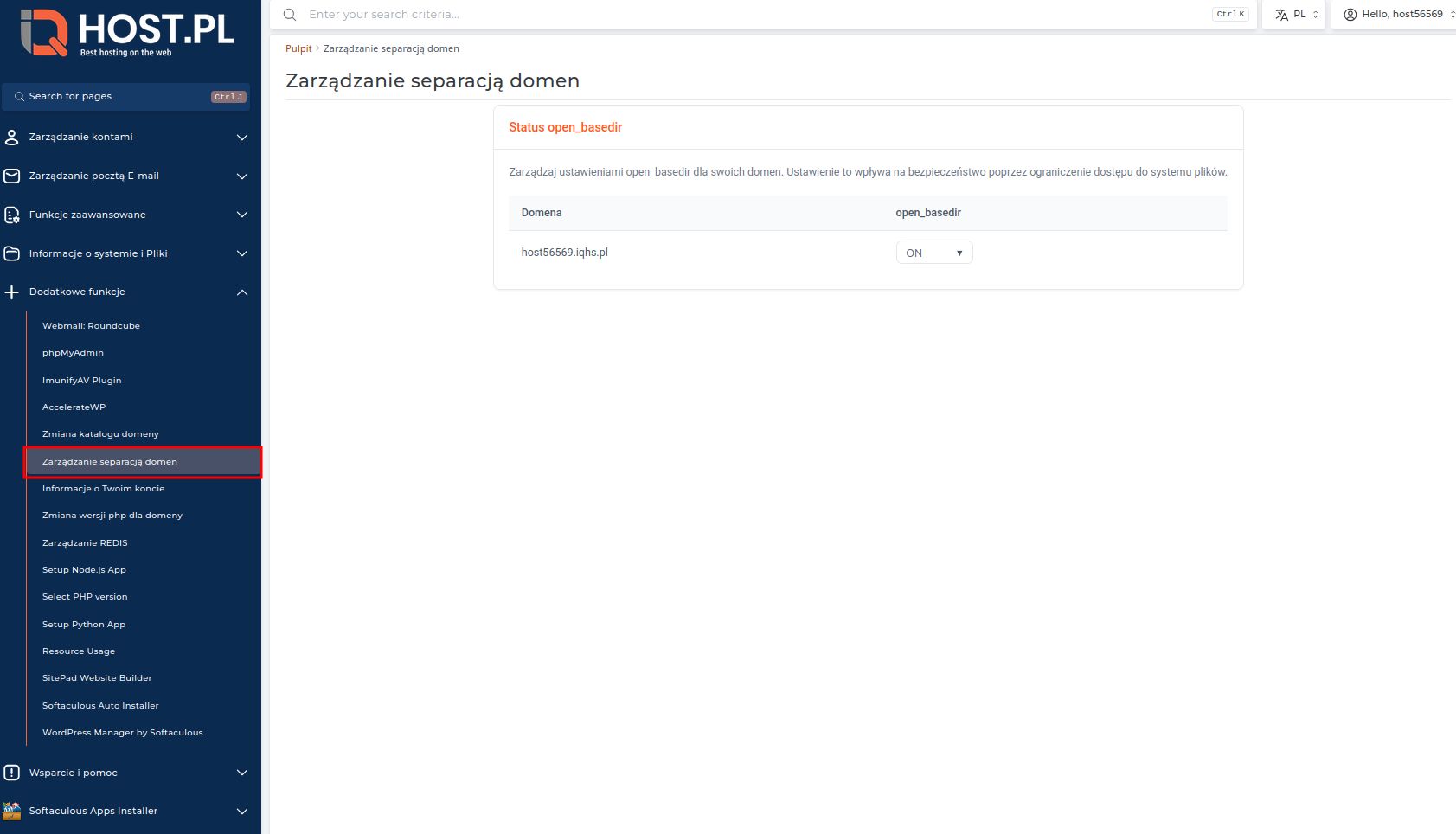 Panel zarządzania separacją domen w DirectAdmin