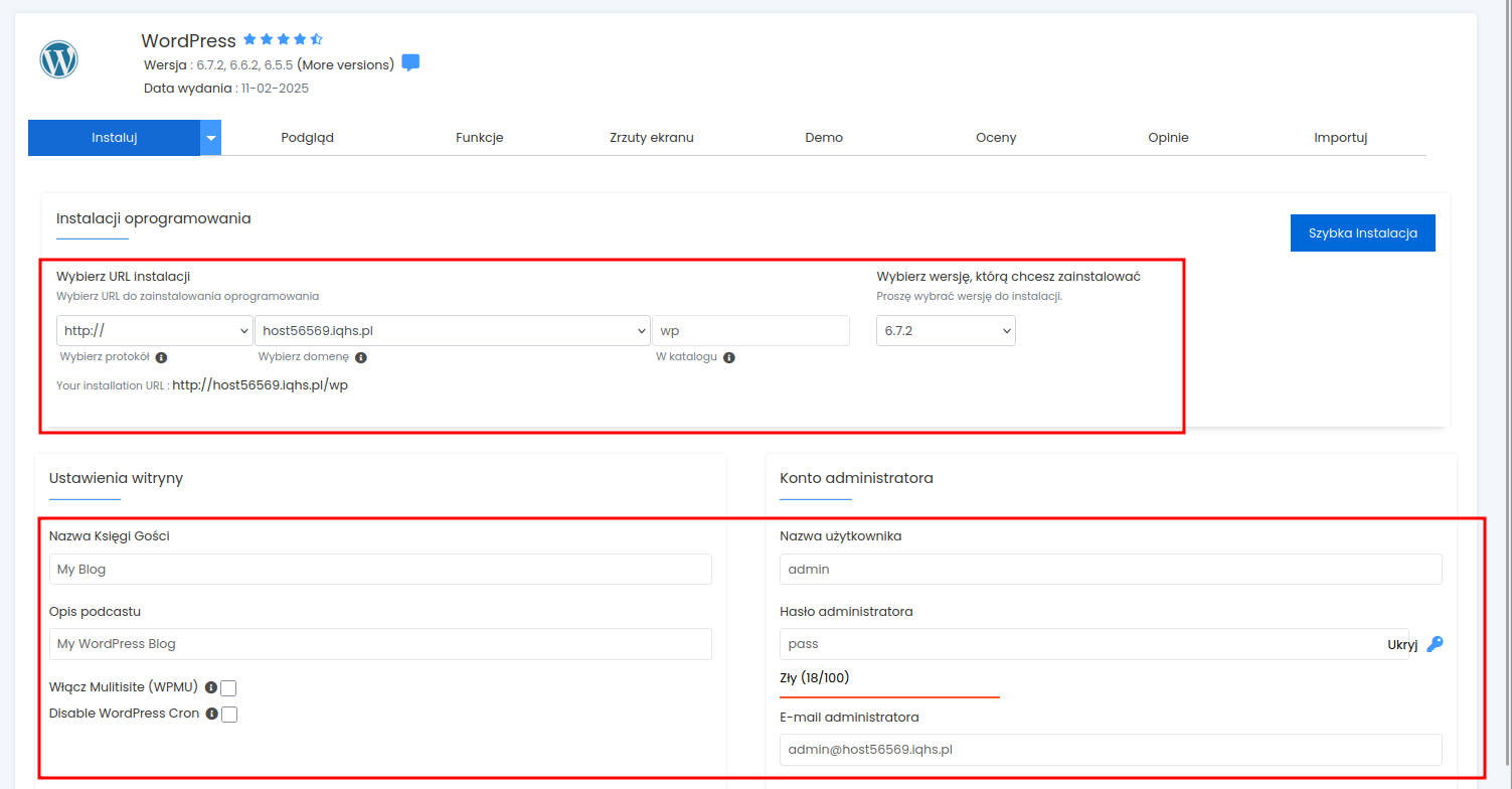 Formularz konfiguracji instalacji WordPress w Softaculous - część zaawansowana