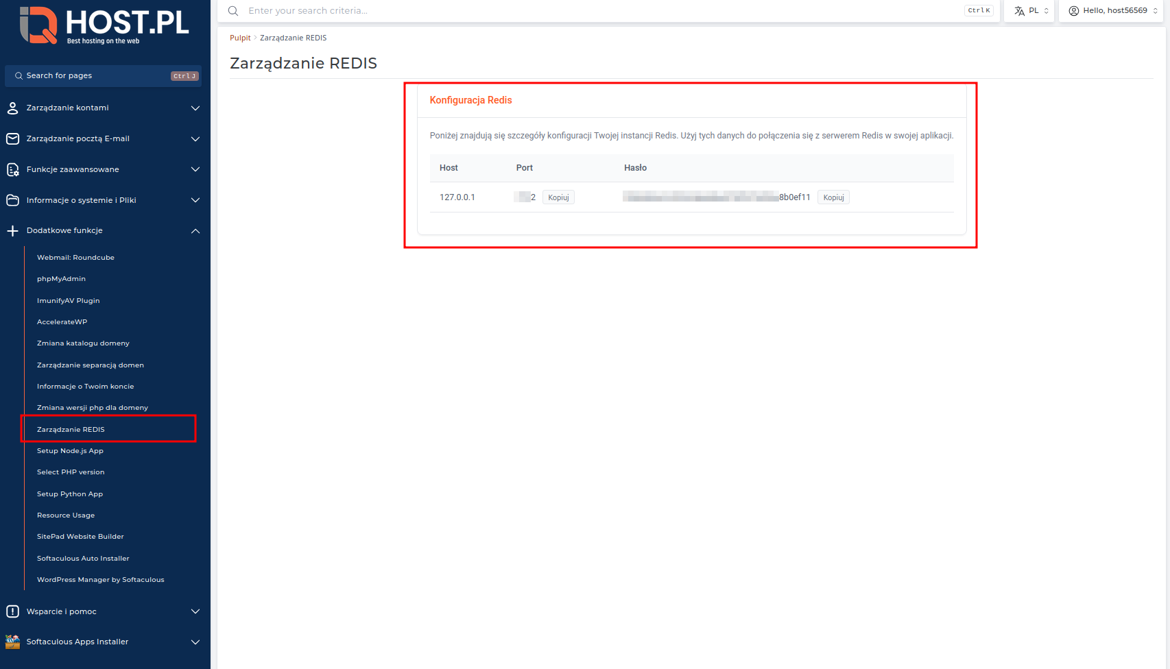 Dostęp do sekcji Zarządzanie REDIS w panelu DirectAdmin