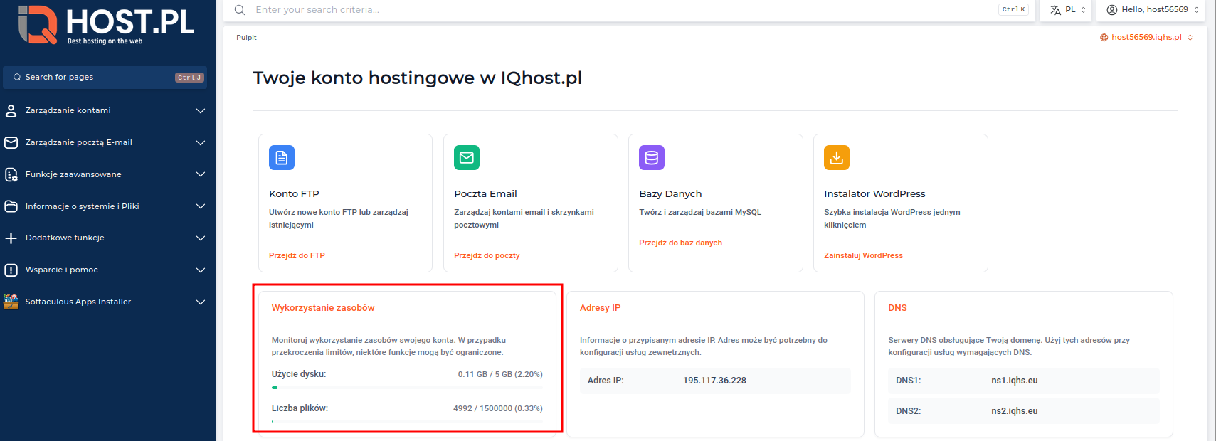 Panel DirectAdmin z informacją o wykorzystaniu przestrzeni dyskowej i narzędziami monitorowania