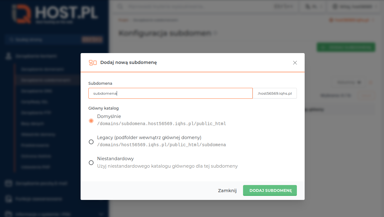 Formularz tworzenia subdomeny w DirectAdmin
