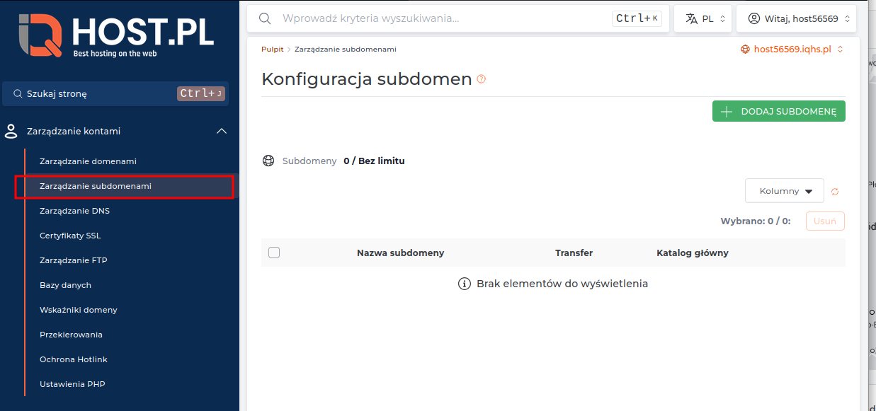 Panel DirectAdmin z opcją zarządzania subdomenami