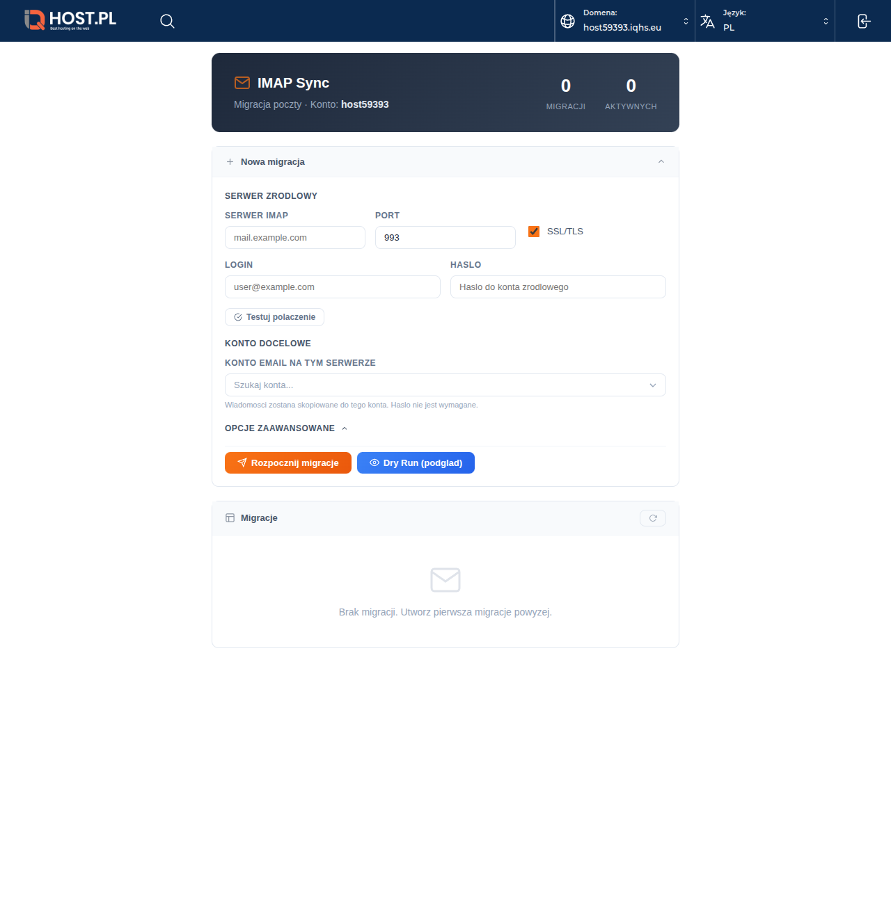 Formularz nowej migracji z danymi serwera źródłowego