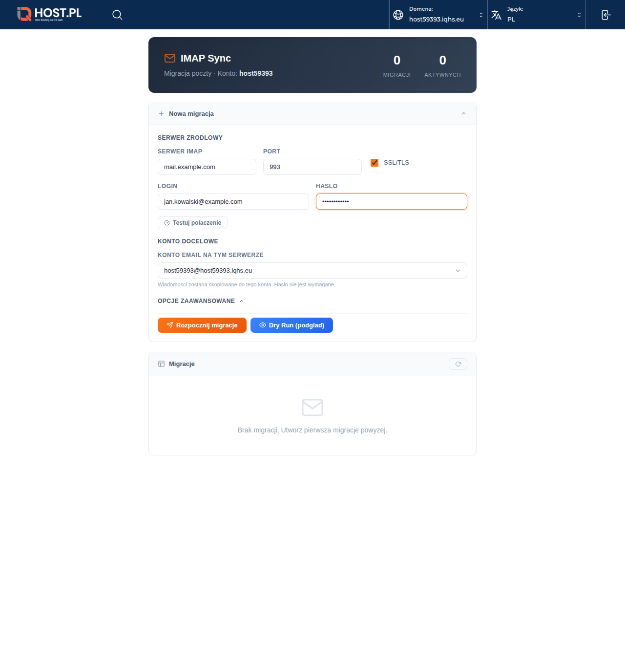 Wypełniony formularz z wybranym kontem docelowym