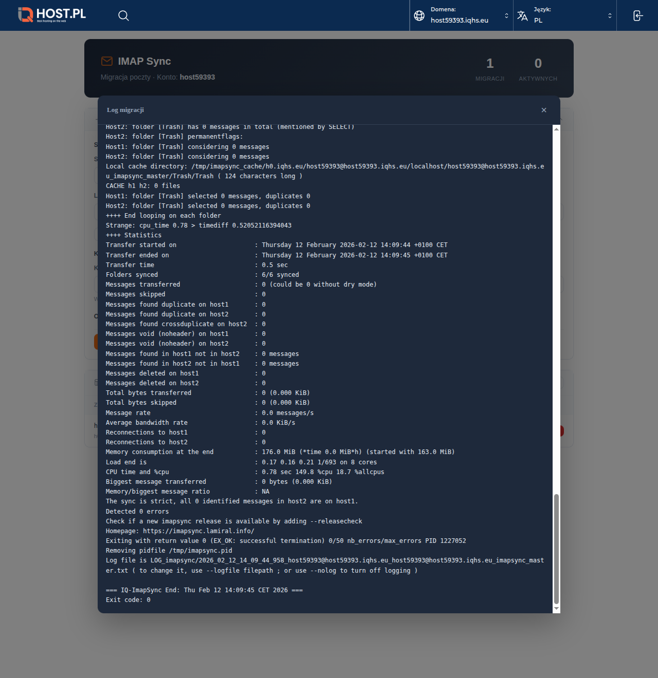 Okno logów z podsumowaniem migracji